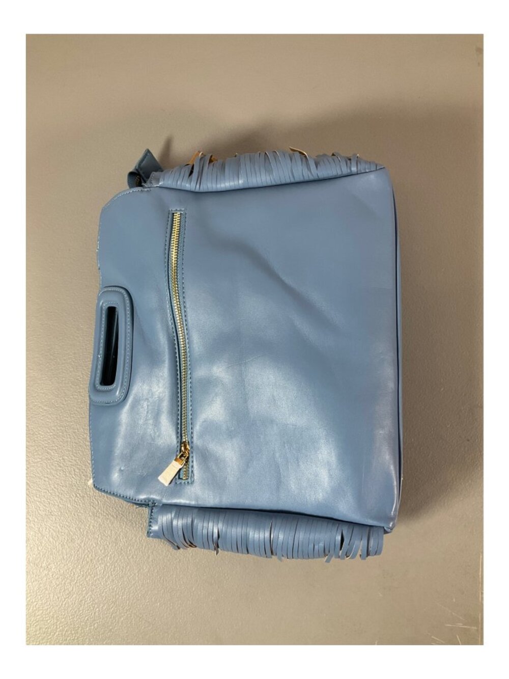 ah·dorned Denim Blue Faux Leather Fringe Handbag with Removable Straps